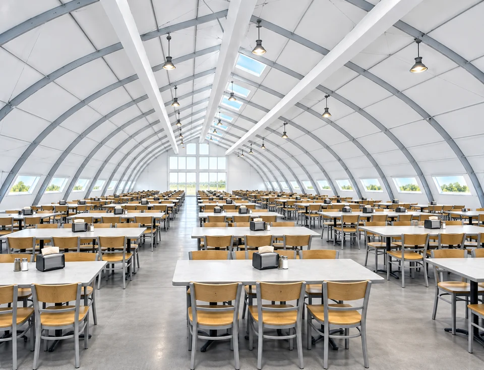 Illustrative dining-hall seating area with tables and chairs