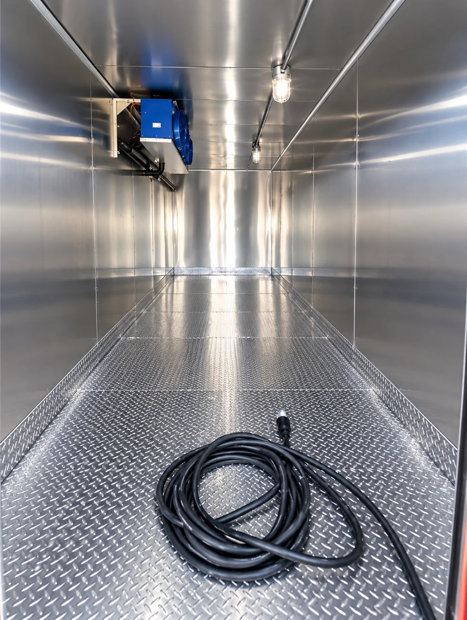 Interior of a 12 ft refrigerated trailer with an overhead cooling unit